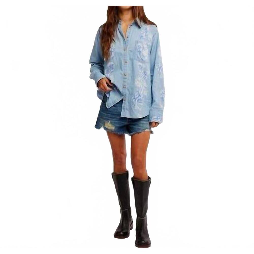NEW FREE PEOPLE airbrushed blossom denim shirt in sky blue - Picture 6 of 6